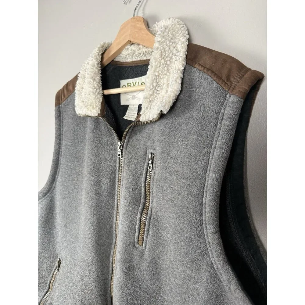 Orvis Men's Fleece Vest Gray Zip Faux Sherpa Collar Size Large Gorpcore Outwear‎